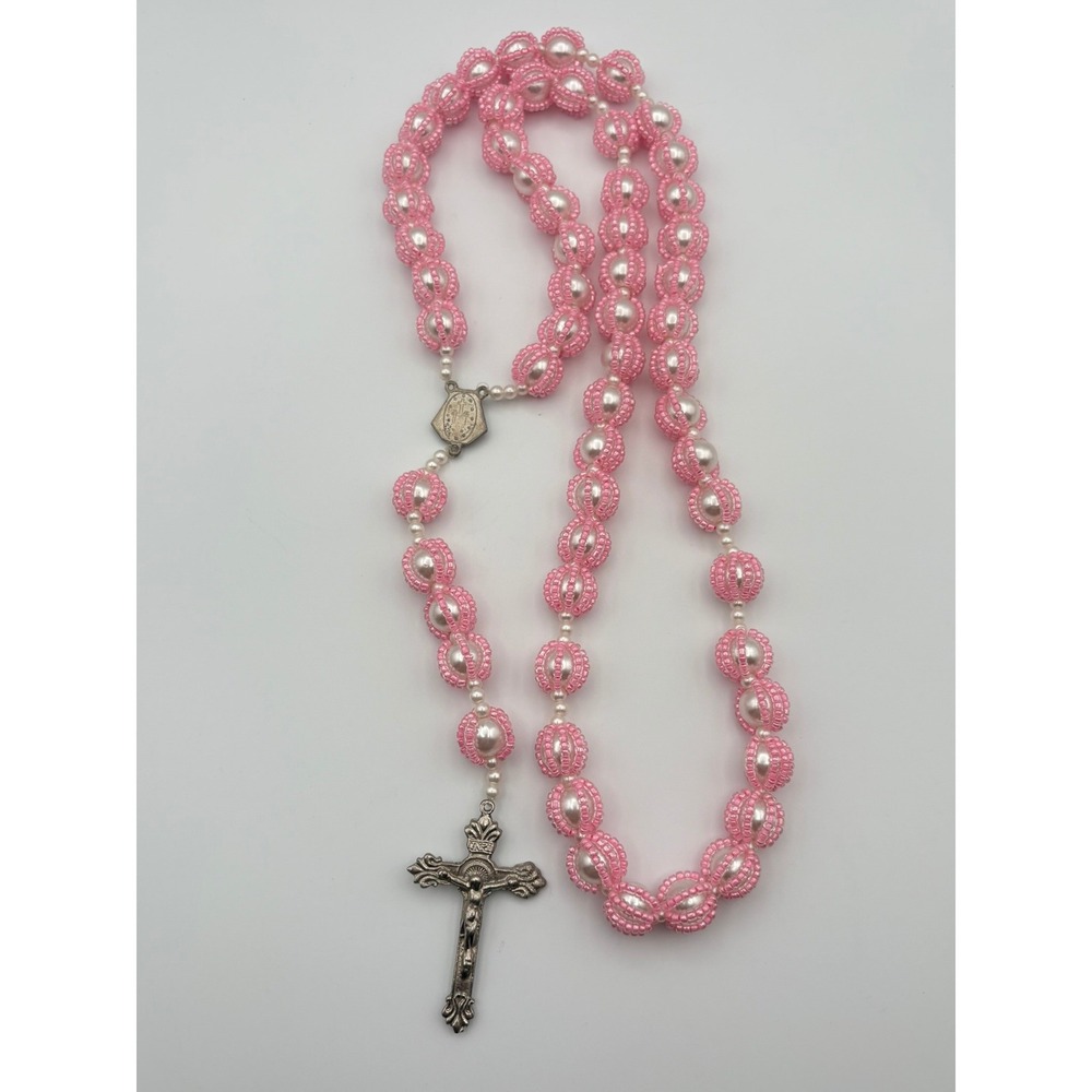 Handmade Pink Seed Bead Faux Pearl Rosary Silver Tone Crucifix Miraculous Medal